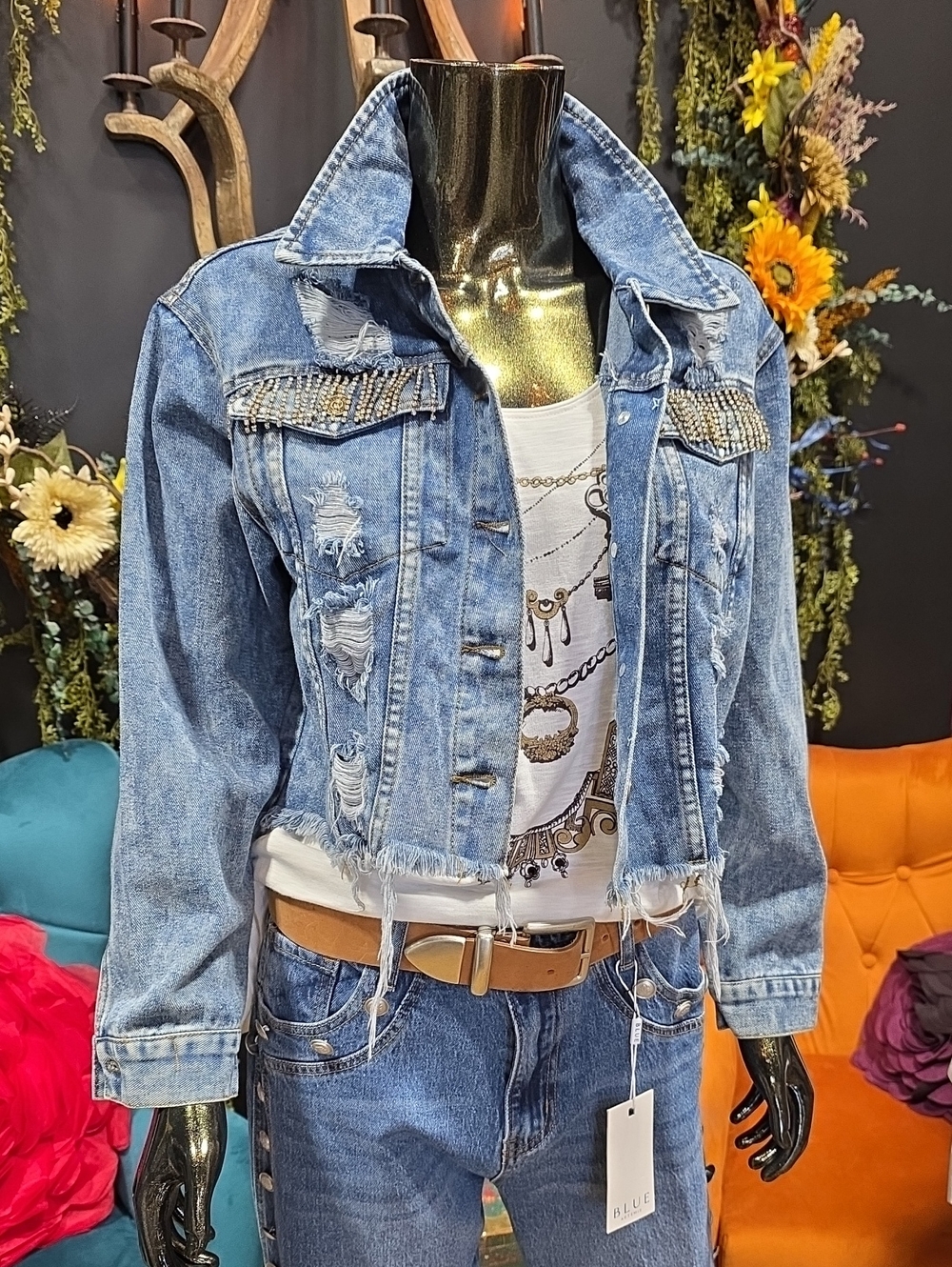 Thrill Distressed Light Blue Jean Jacket with Rhinestone Trim